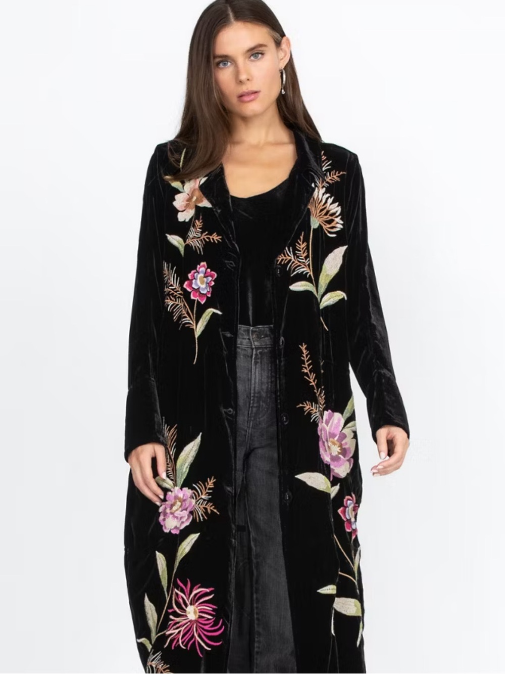 Johnny Was NWT XL Meriah Black Embroidered Velvet Duster Coat